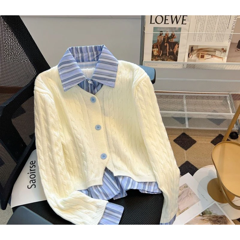 时尚假两件条纹衬衫V领毛衣女秋冬设计感法式小个子针织外套时尚