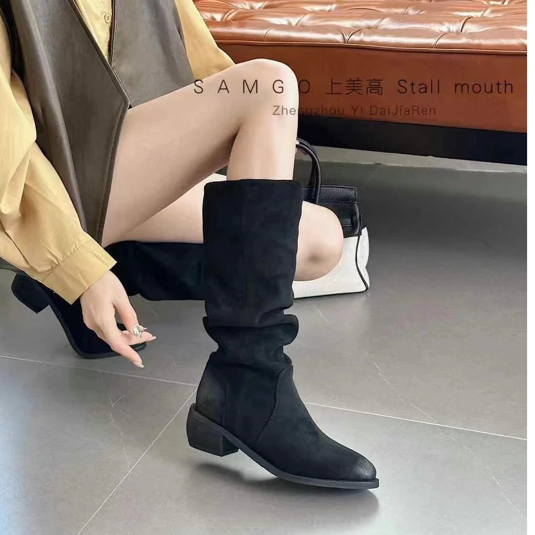 秋冬新款韩版通勤瘦瘦简约厚底裸靴长靴98-918(加绒)