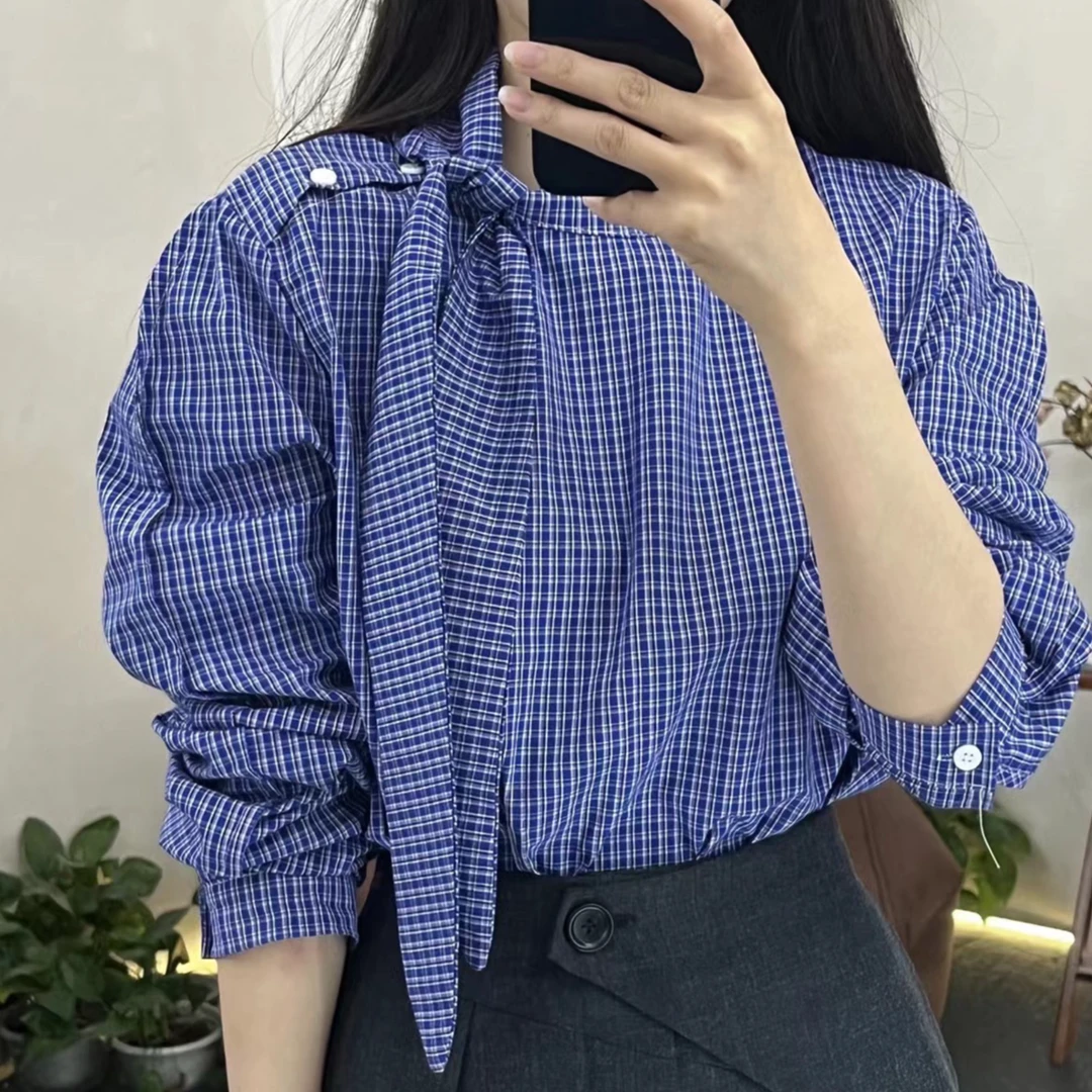 YY8336#新款蓝色系带格子衬衫韩版百搭宽松时尚