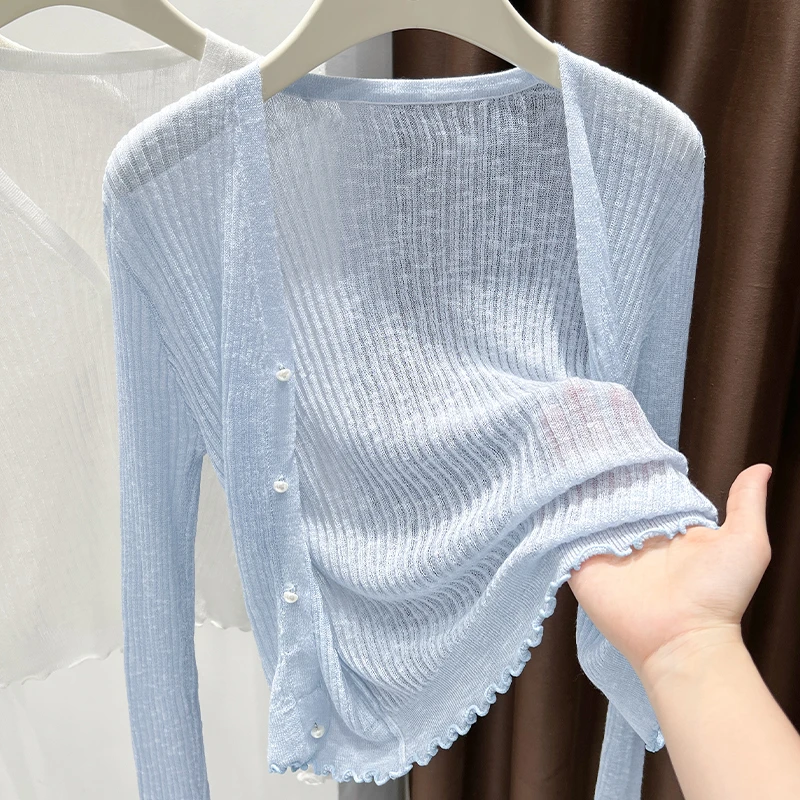 软糯亲肤蓝色针织开衫配裙子洋气外搭薄款时尚长袖防晒夏季小外套