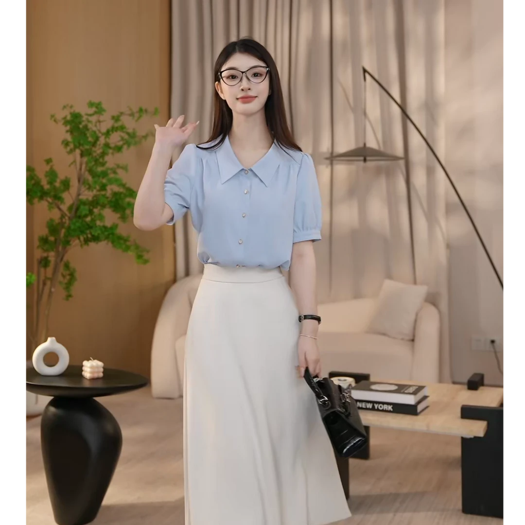 曼贝2025夏季新款职业短袖衬衫女百搭时尚气质衬衣8592326B【爆推】