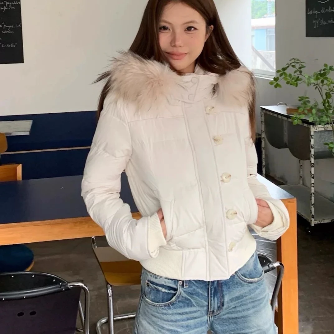 冬季女款短款毛领保暖修身粉色面包服外套