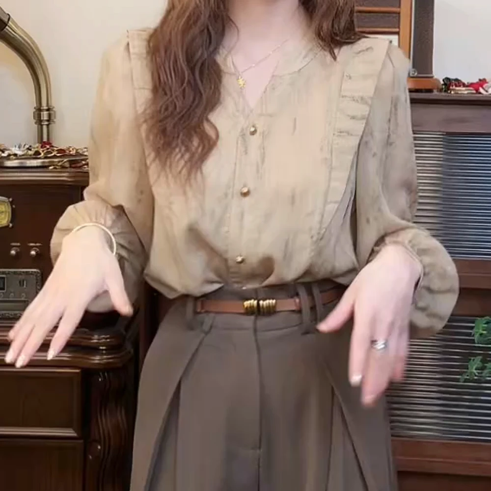 春季上新小众法式时尚复古高级感设计感V领气质宽松百搭显瘦衬衫