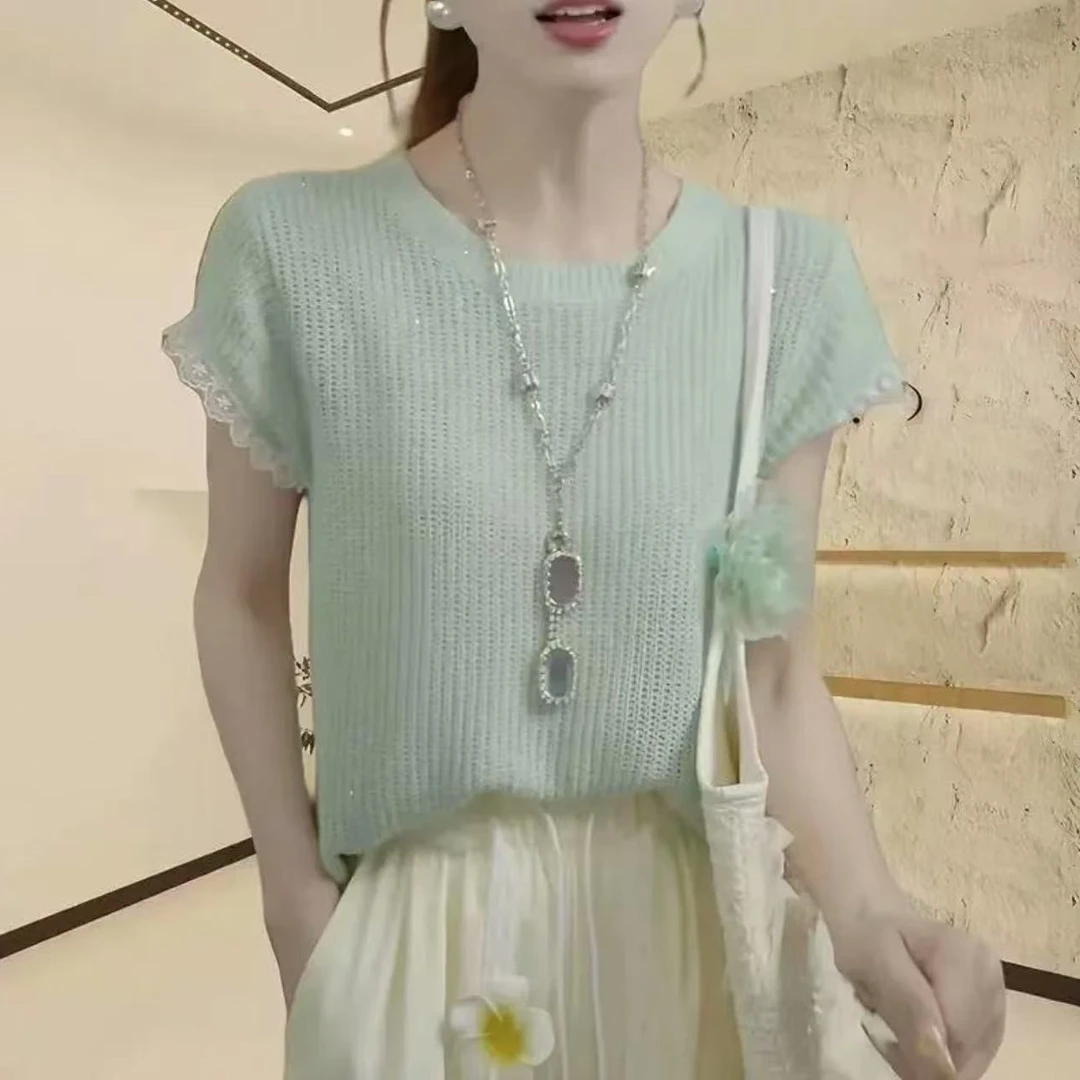 设计感后背镂空上衣女2025新款夏季针织衫薄款蕾丝拼接短袖t恤