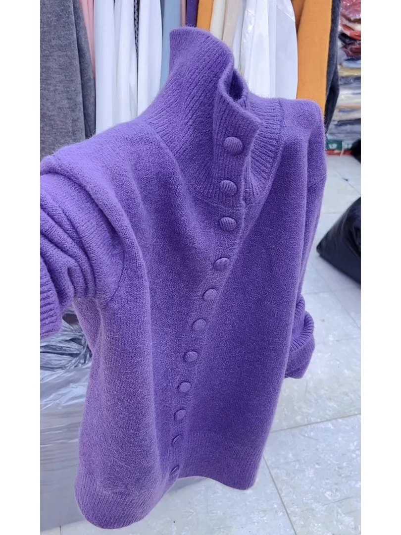 紫色立领针织毛衣外套女2025秋季新款欧货软糯保暖小个子开衫上衣