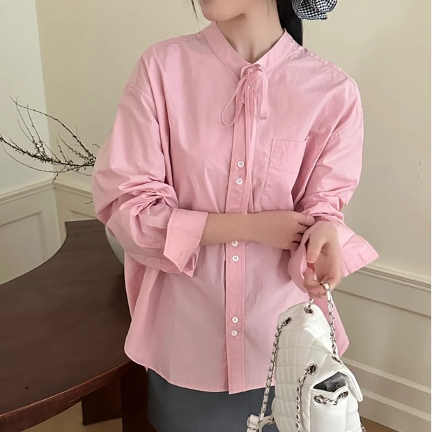 新款韩版休闲气质蝴蝶结系带口袋纯色衬衫C95061