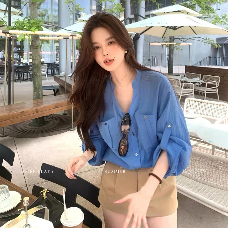 花花媛 夏日封神衬衫！老钱风亚麻立领衬衫女夏宽松气质薄款上衣