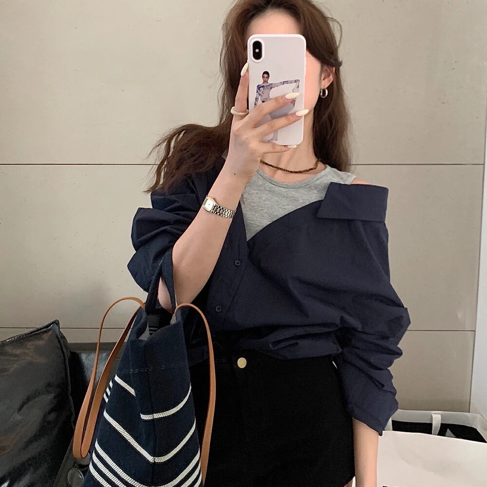 设计感假两件拼接宽松小众衬衫 8035#