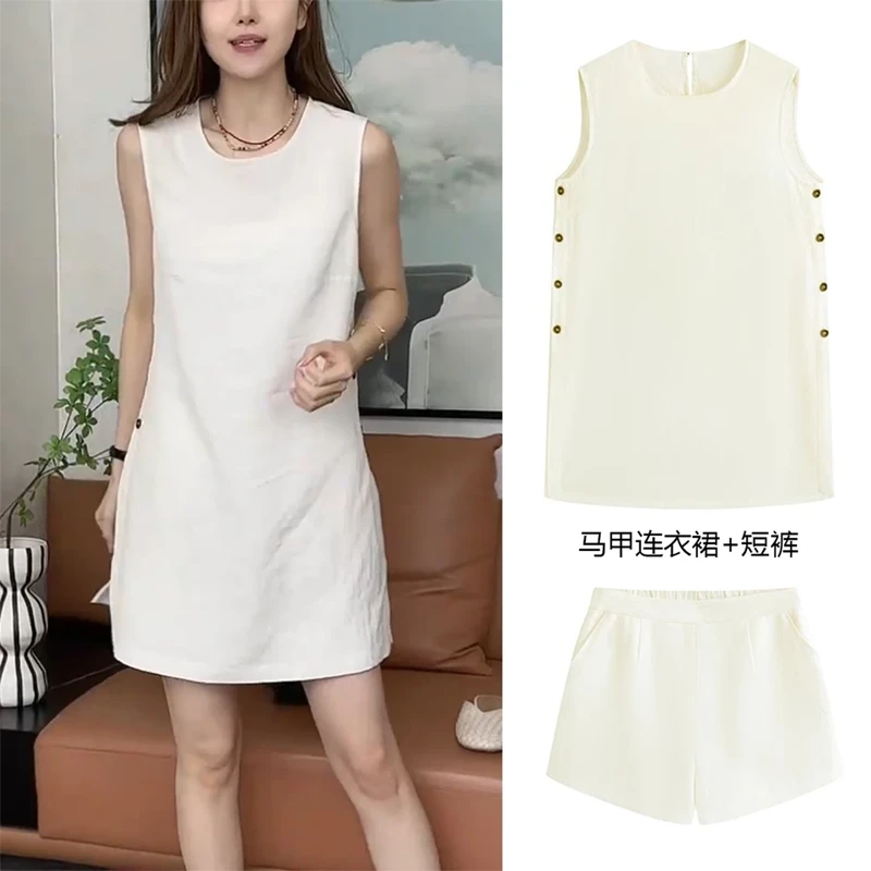 【现货】天丝亚麻套装女25夏新款韩版宽松老钱风短裤上衣裙子两件套
