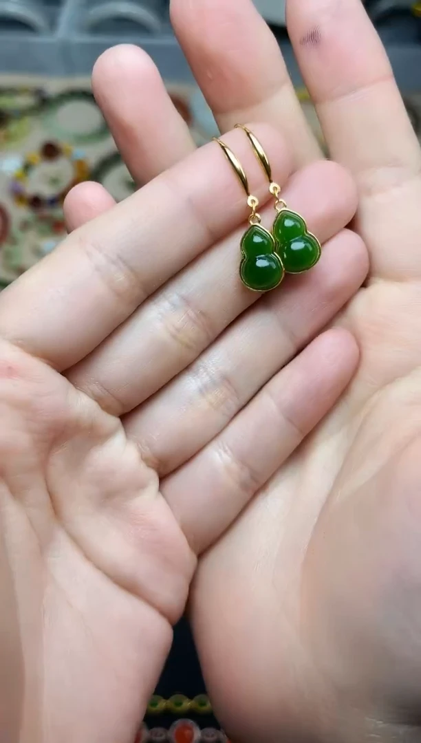 和田玉银S925镶嵌耳饰葫芦耳钩06