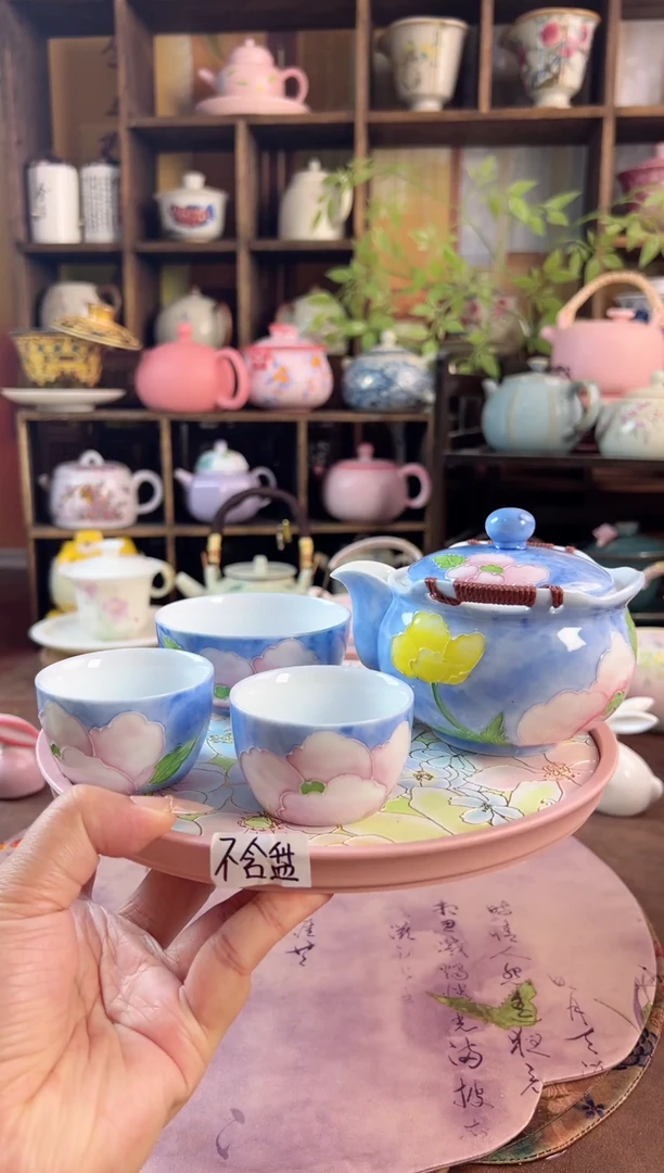 手工手绘1壶3杯1个包包 不含盘的