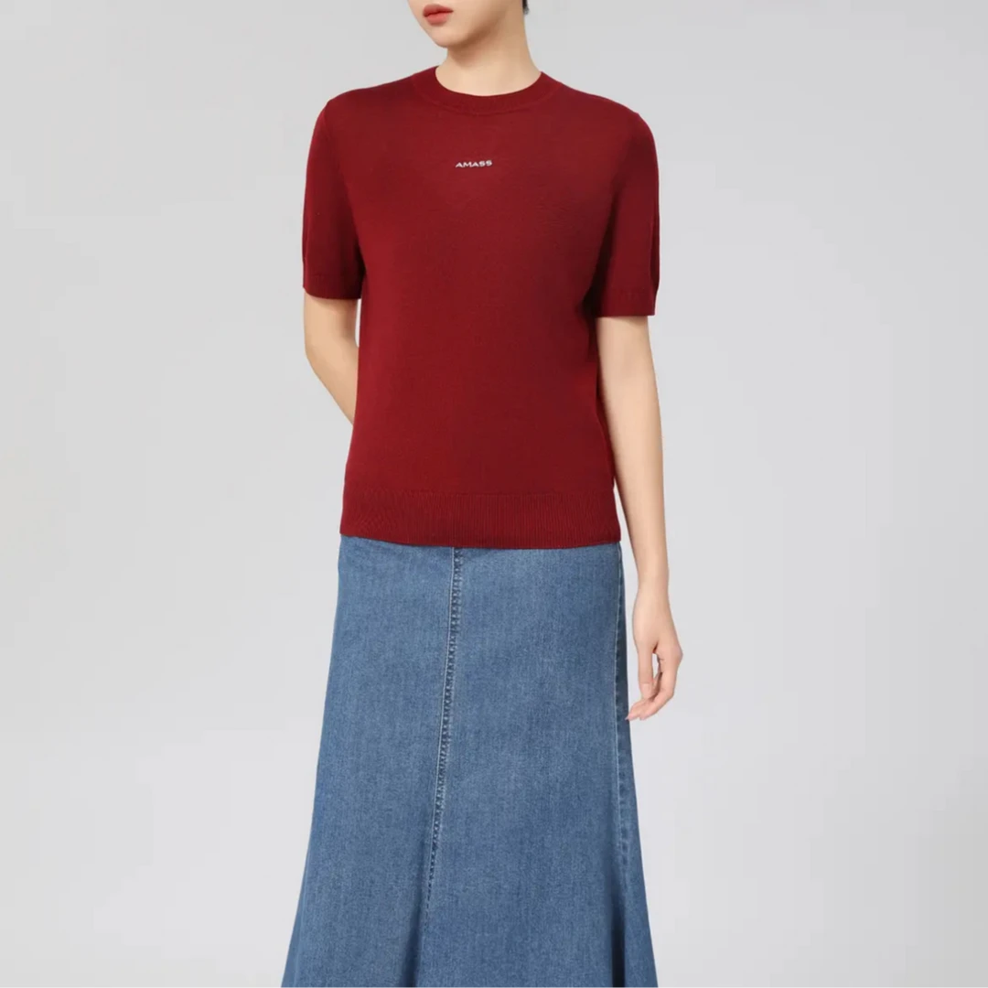 阿玛施【官方正品】春夏新款桑蚕丝时尚极简圆领半袖针织衫女538053