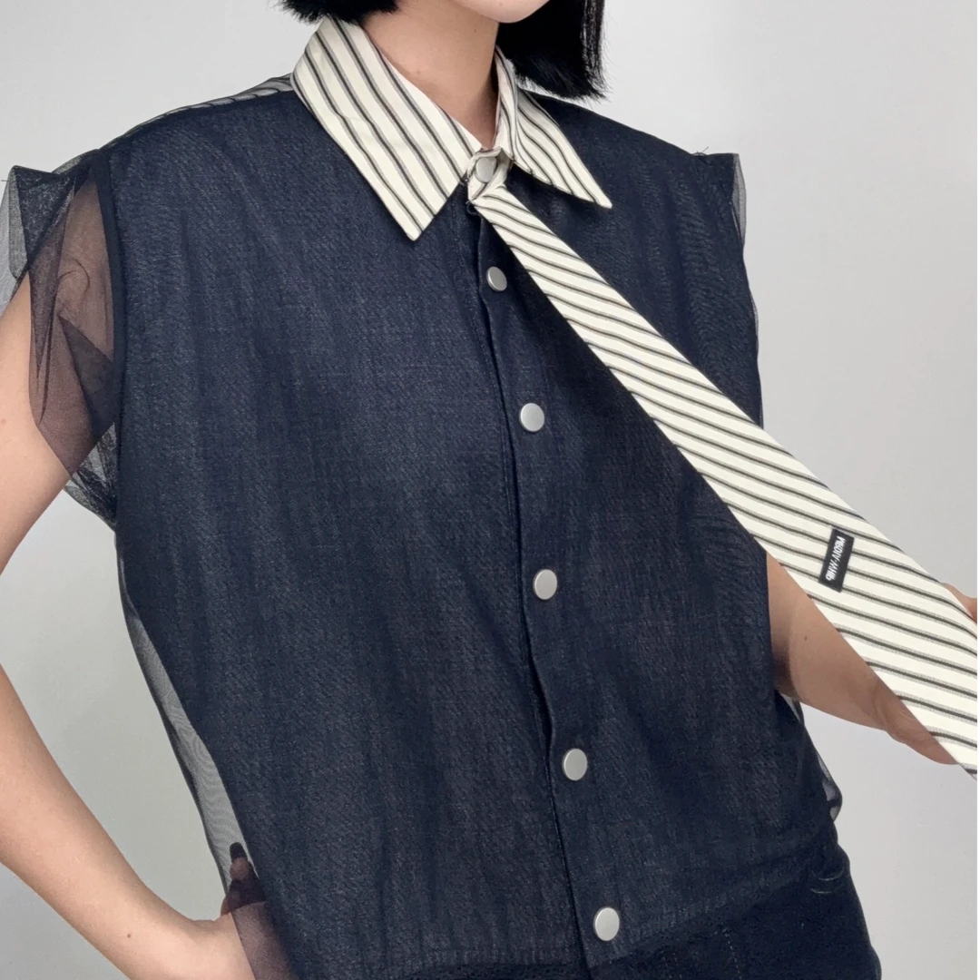 197领带衬衣#设计感网纱拼接POLO领无袖衬衫夏季新款休闲百搭上衣