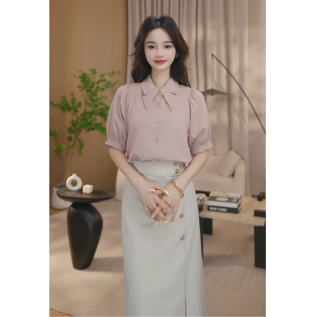 曼贝夏季休闲百搭女士衬衫设计感翻领8392122灰粉色【珮珮】