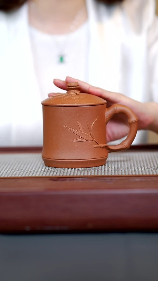 茶壶紫砂18-微瑕老降坡贴叶竹节盖杯