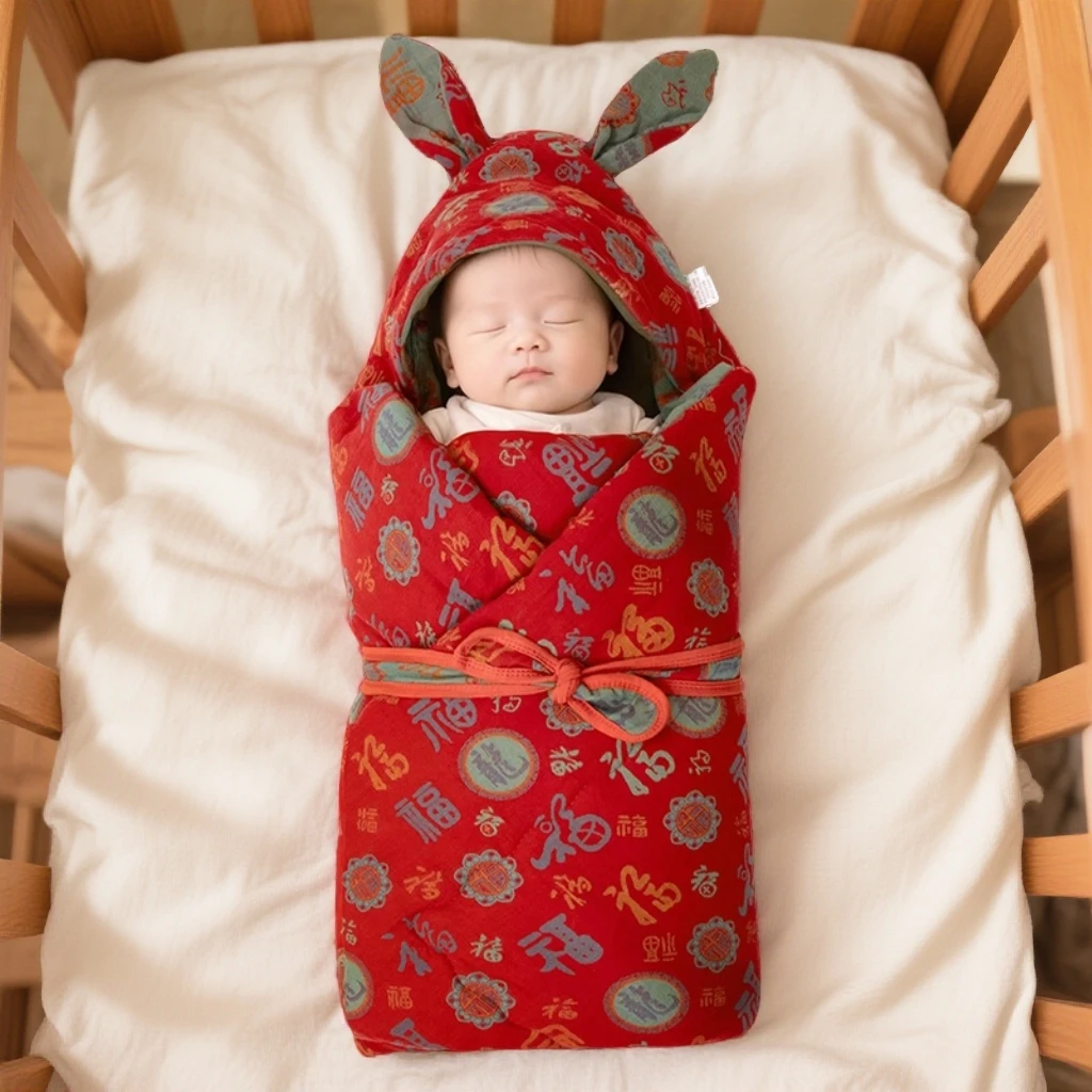 秋冬季加厚包被百福喜庆纯棉抱被新生儿产房外出包裹新生儿包被