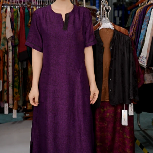 0171高端中式印花中袖连衣裙冠乐皱气质大码显瘦