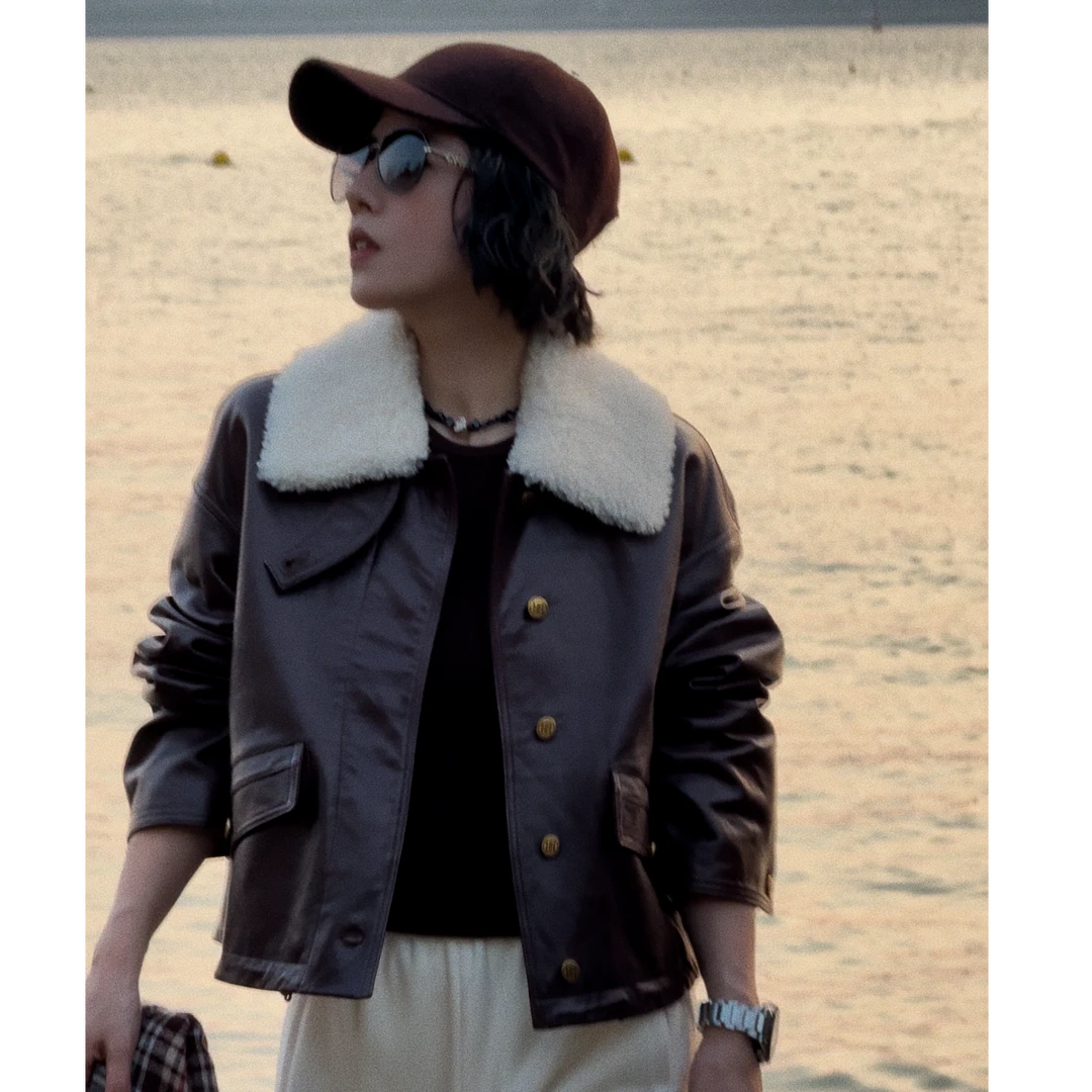 W.Diva【主张】小羔羊皮羊毛领慵懒风羊毛领皮衣夹克外套4C3153143