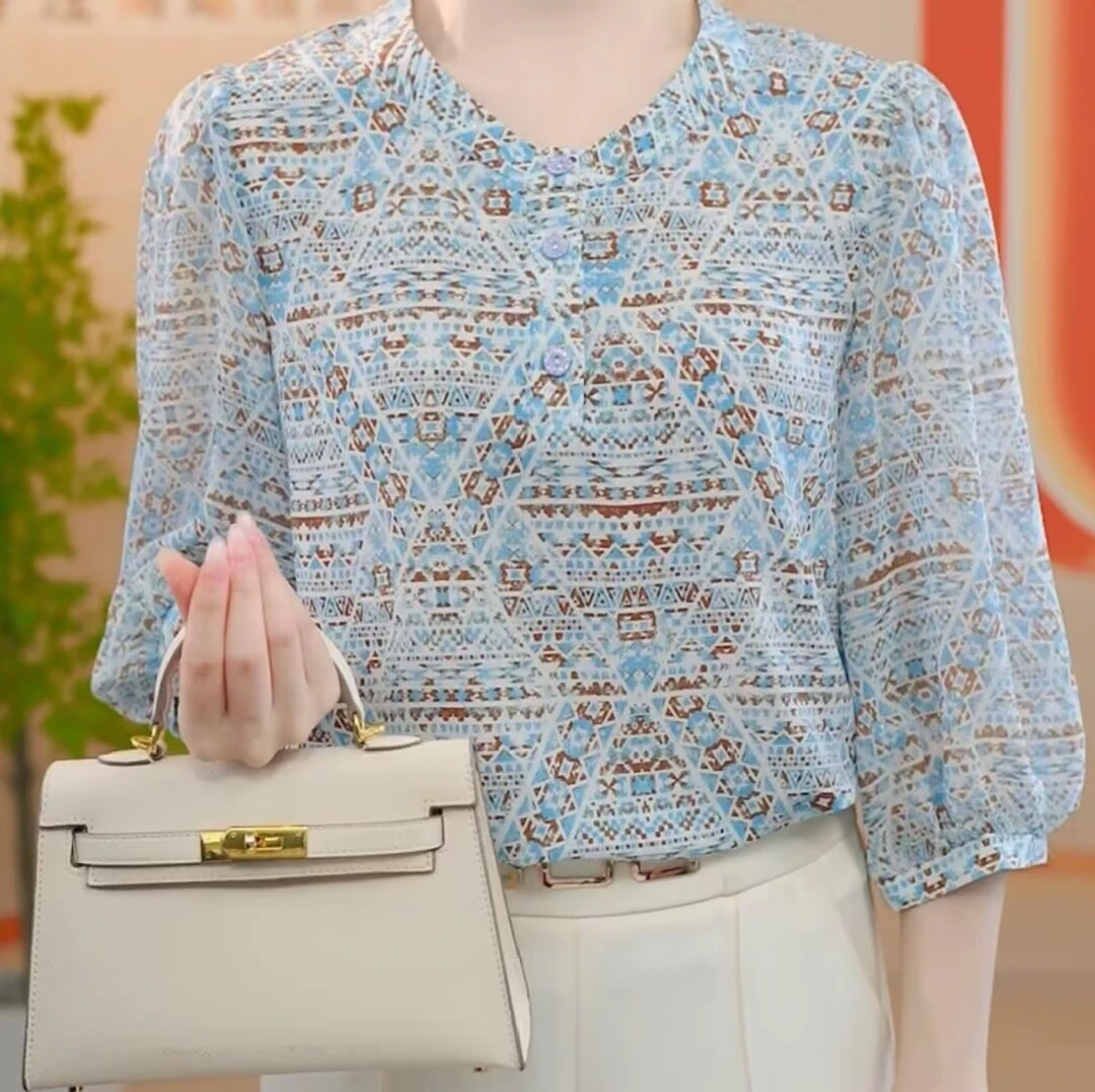 洒银工艺2025年初秋款复古蓝七分袖修身圆领上衣减龄显瘦衬衫687