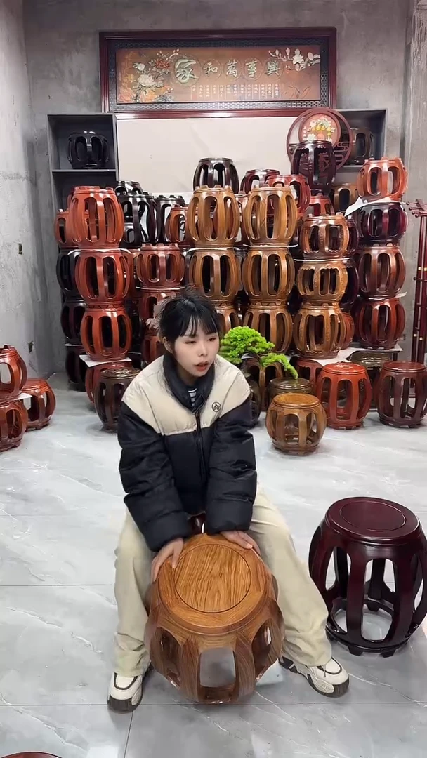 【闪购商品】花梨木类家具原木色大号鼓凳一对