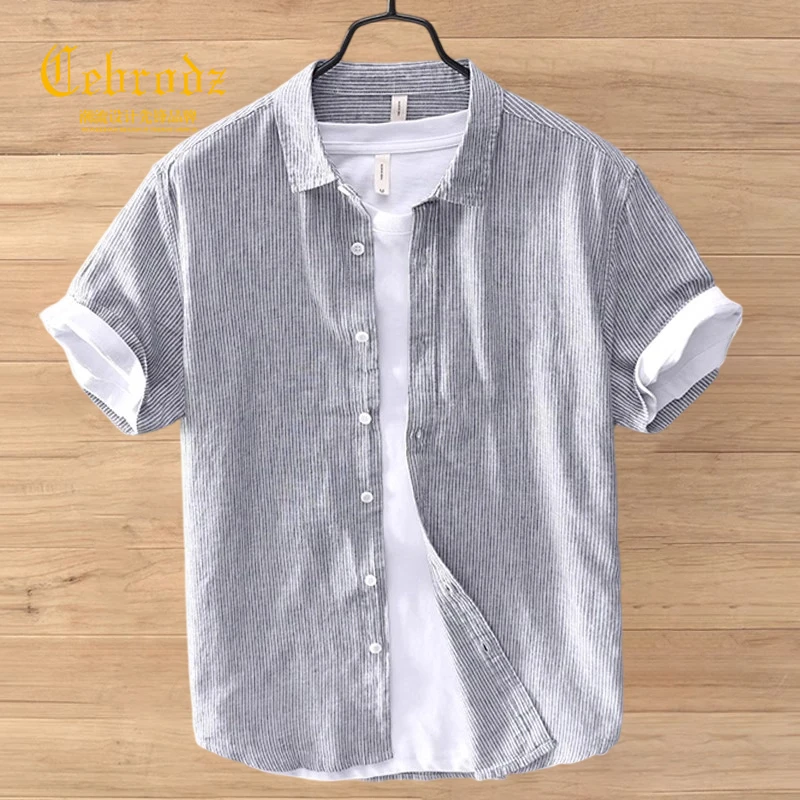 Cebrodz亚麻条纹衬衫男短袖夏季薄款潮流日系复古男装衬衣半袖