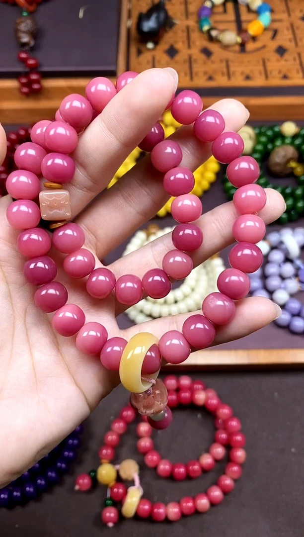 白玉菩提手串乌梅紫酱 粉菩提双圈莲花款