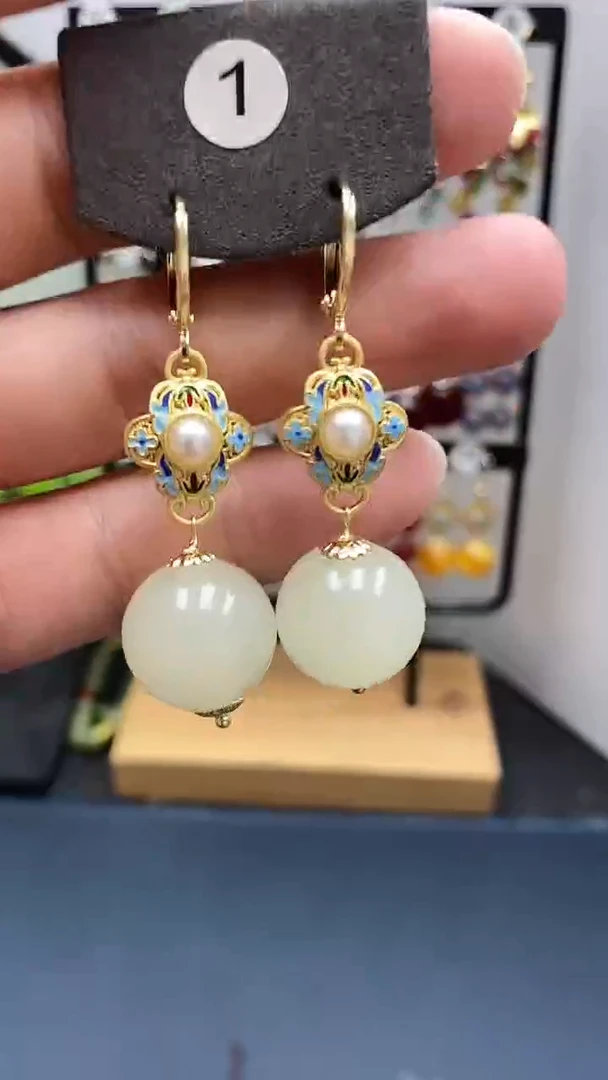 和田玉银S925镀金镶嵌耳饰尺寸16mm耳扣A2