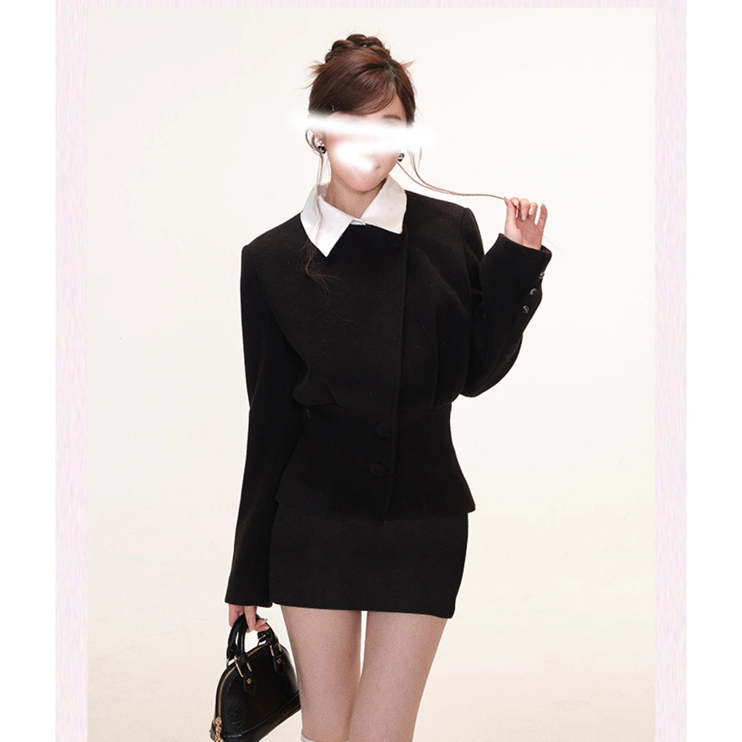 慢调巴黎 黑色修身气质秋冬季毛呢套装女西装外套+半身裙两件套女