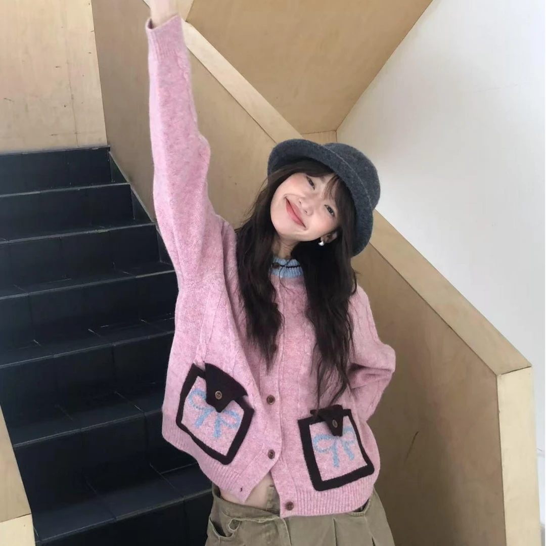 6羊毛韩系穿搭麻花毛衣撞色开衫女新款复古软糯慵懒风针织外套