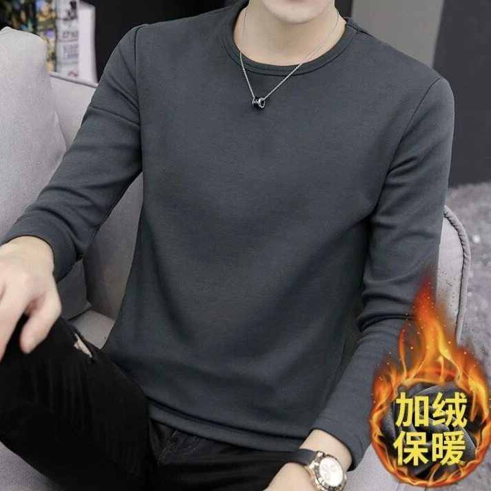 450克加绒加厚男士打底衫冬季厚实保暖内搭上衣服圆领修身长袖t恤