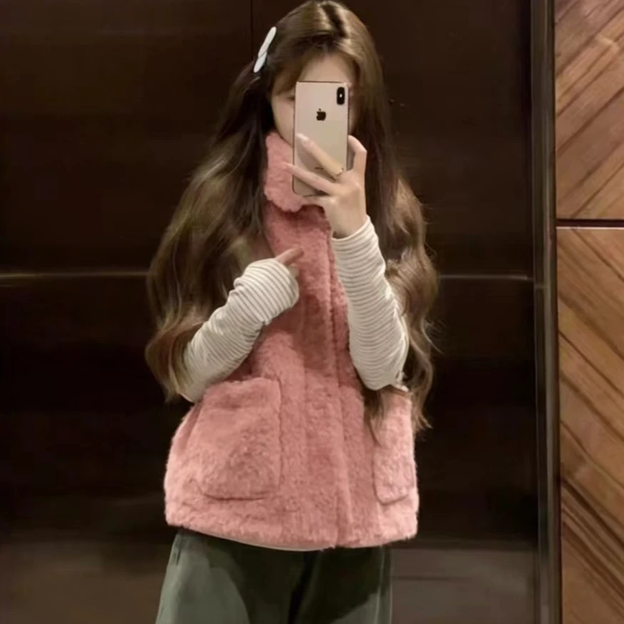 韩版复古慵懒摇粒绒羊羔毛马甲外套女秋冬高级感宽松休闲坎-315