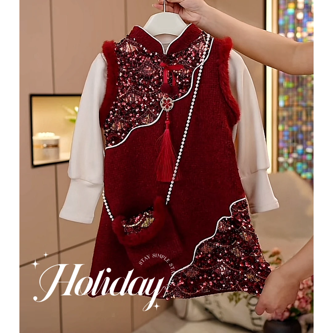 女童冬季加绒加厚两件套2024新款中大童休闲连衣裙套装