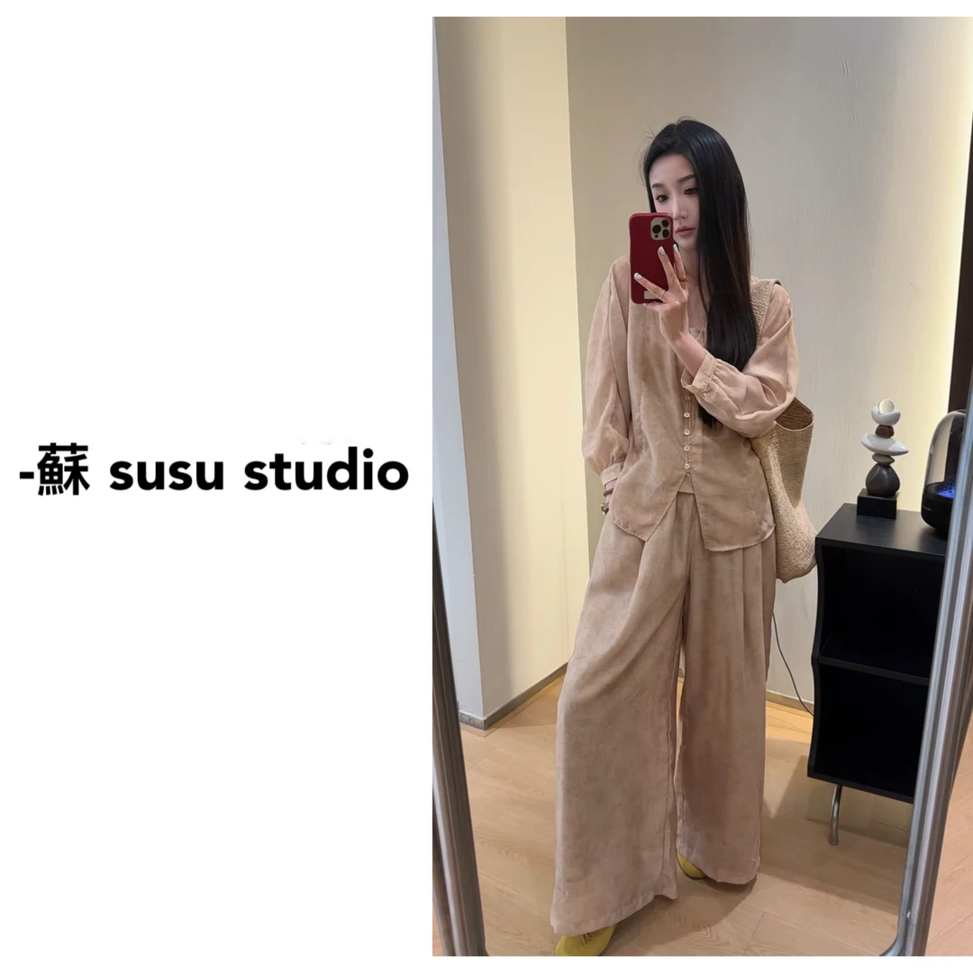 ZX6247新中式国风套装女春季复古气质V领长袖衬衫阔腿长裤三件套