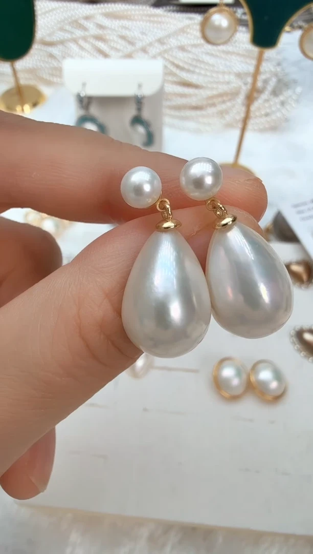 耳饰拼合珍珠（马贝珠）银S925镶嵌双珠灵动水滴