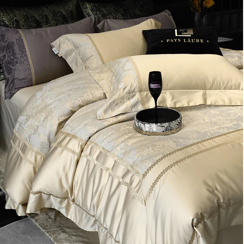 威尔坦沃全棉厚织刺绣色织提花别墅款高奢床上用品轻奢四件套