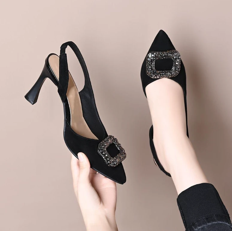 2025夏季新款洋气水钻一字扣带细跟后空单鞋复古高跟鞋女