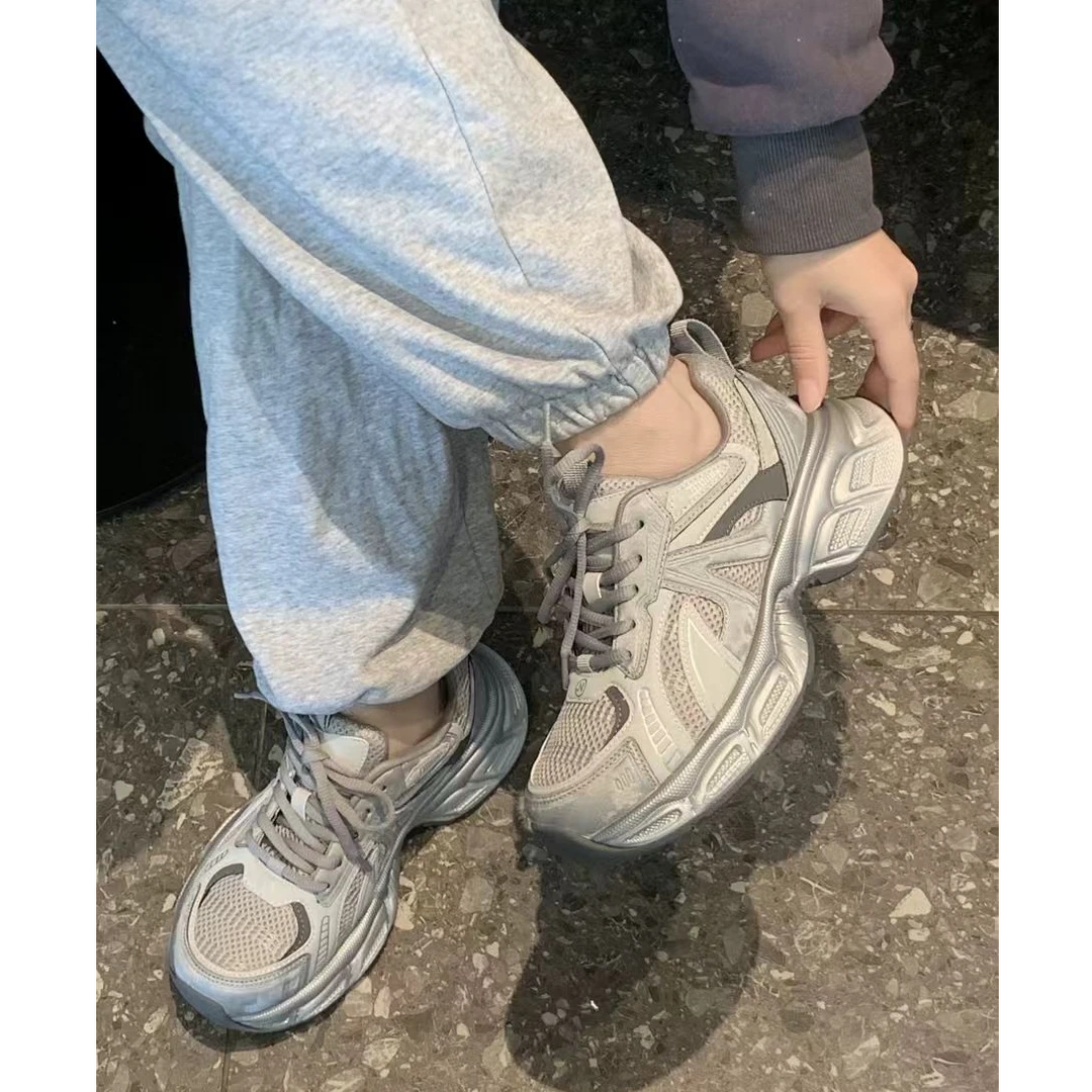 厚底增高老爹鞋春季新款真皮拼色系带踩屎感百搭运动休闲鞋潮2582