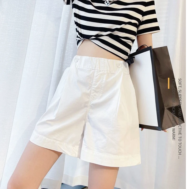 100%纯棉简约高腰显瘦阔腿A字休闲五分裤