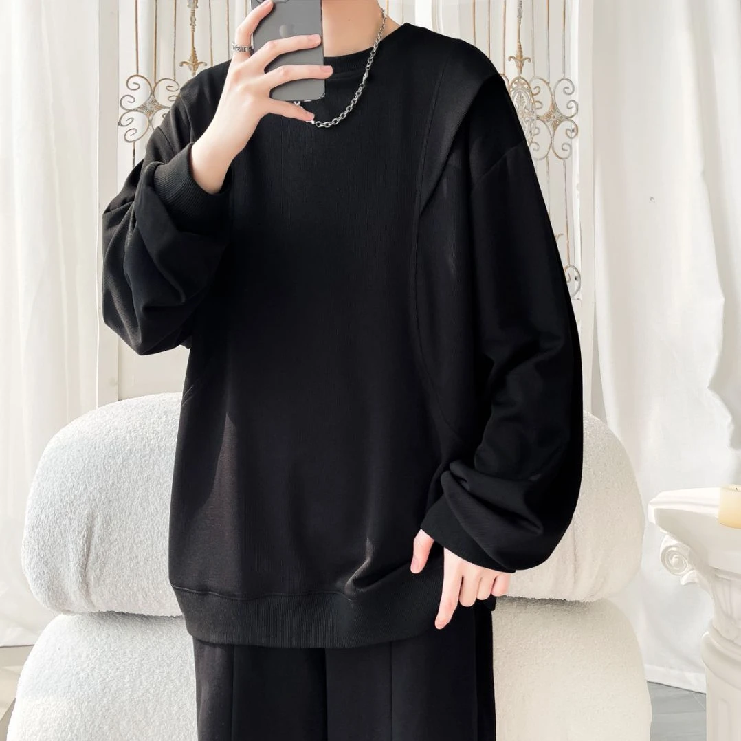 引创圆领卫衣男春季新款港风宽松百搭潮流休闲大码套头长袖上衣男