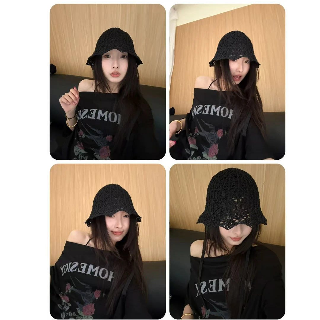 白白家-【素颜爱豆】手工针织遮阳帽显脸小系带渔夫帽#K8091