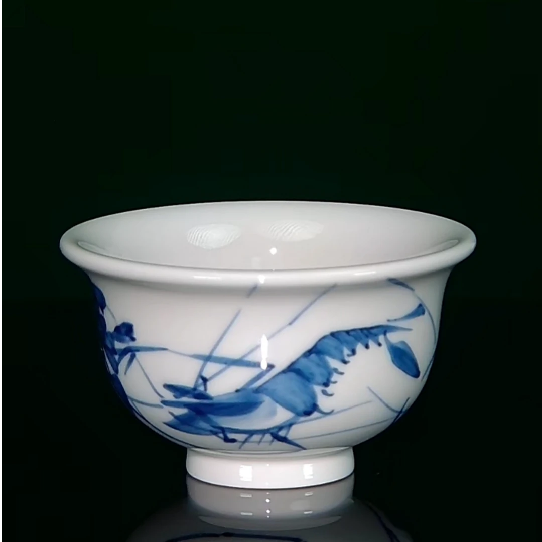 手作！毛仔柴窑青花虾趣图主人杯 窑火凝韵 观虾品茶香 茶席必备