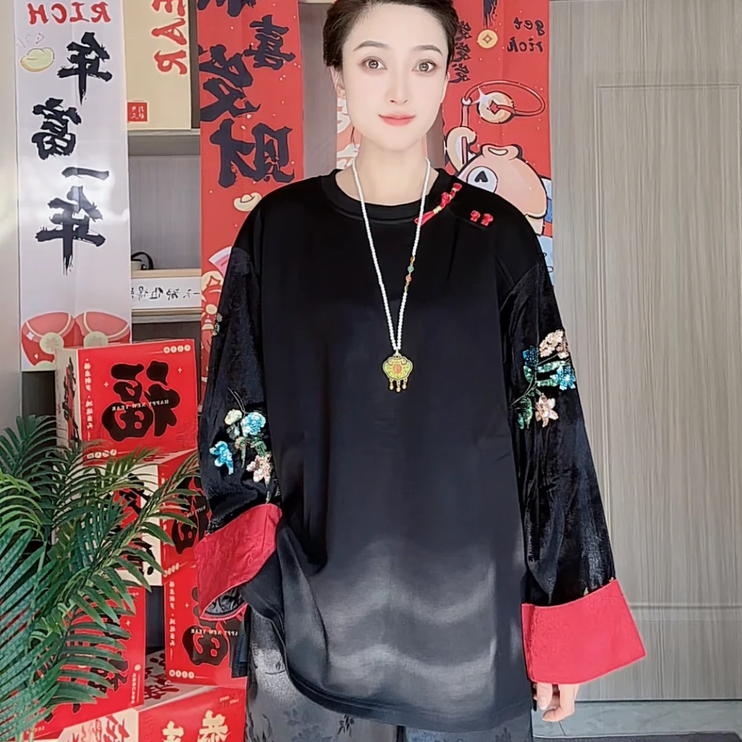 林夕国风新中式女装新款盘扣亮片圆领T恤宽松复古