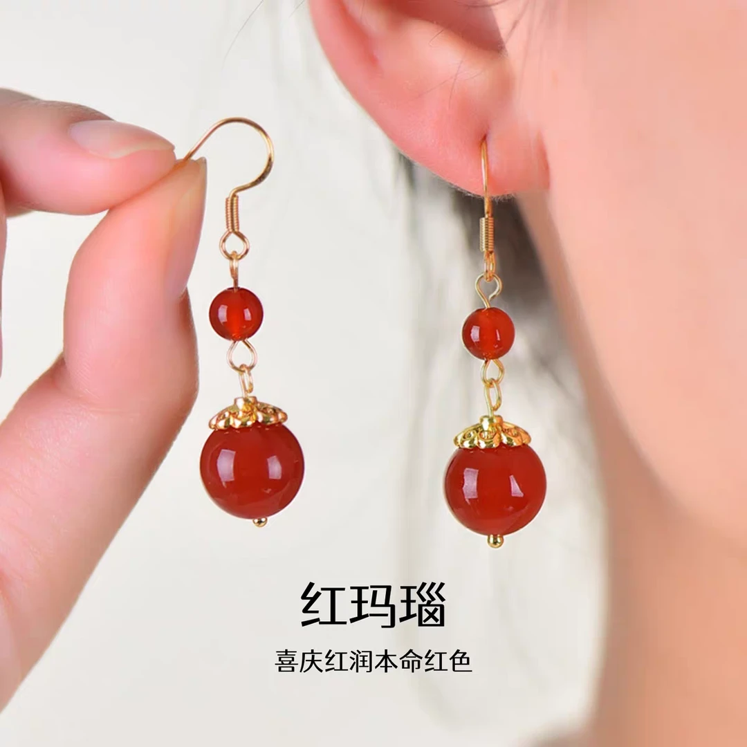 s925银纯天然红玛瑙玉石耳坠女款银耳钩黑玛瑙防过敏民族风耳环