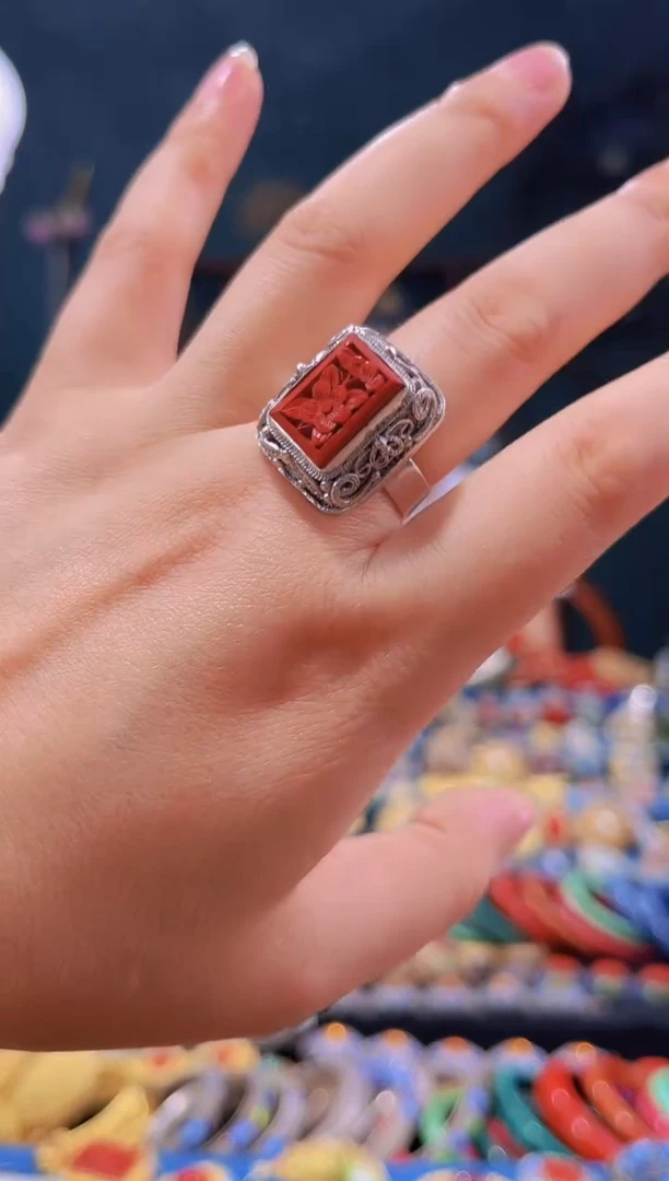 非遗技艺 花丝雕漆戒指