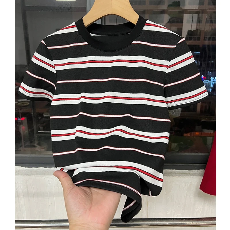 2025夏季新款黑白条纹撞色短袖t恤女修身显瘦百搭休闲潮流半袖