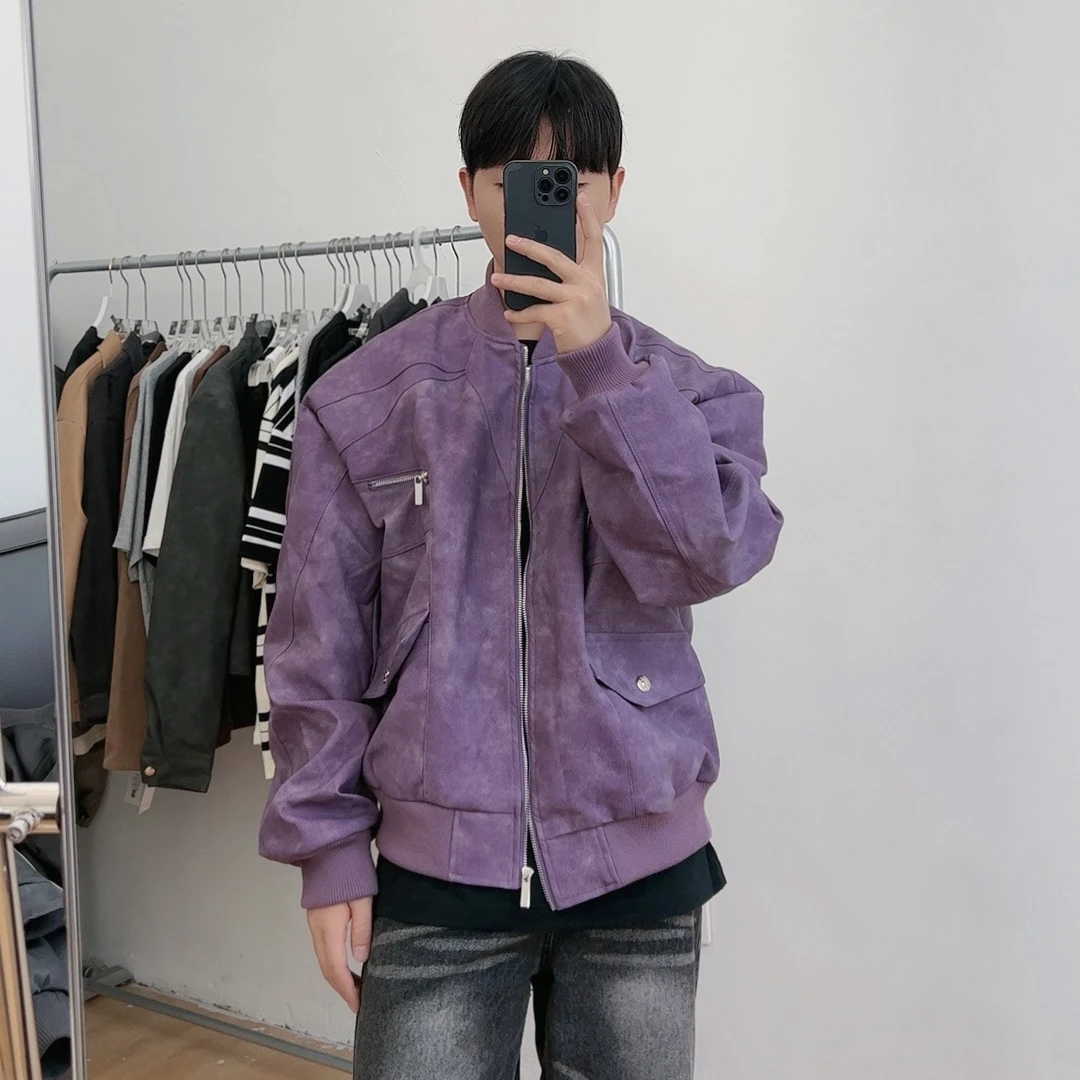 清仓版-紫色短款棒球领皮夹克