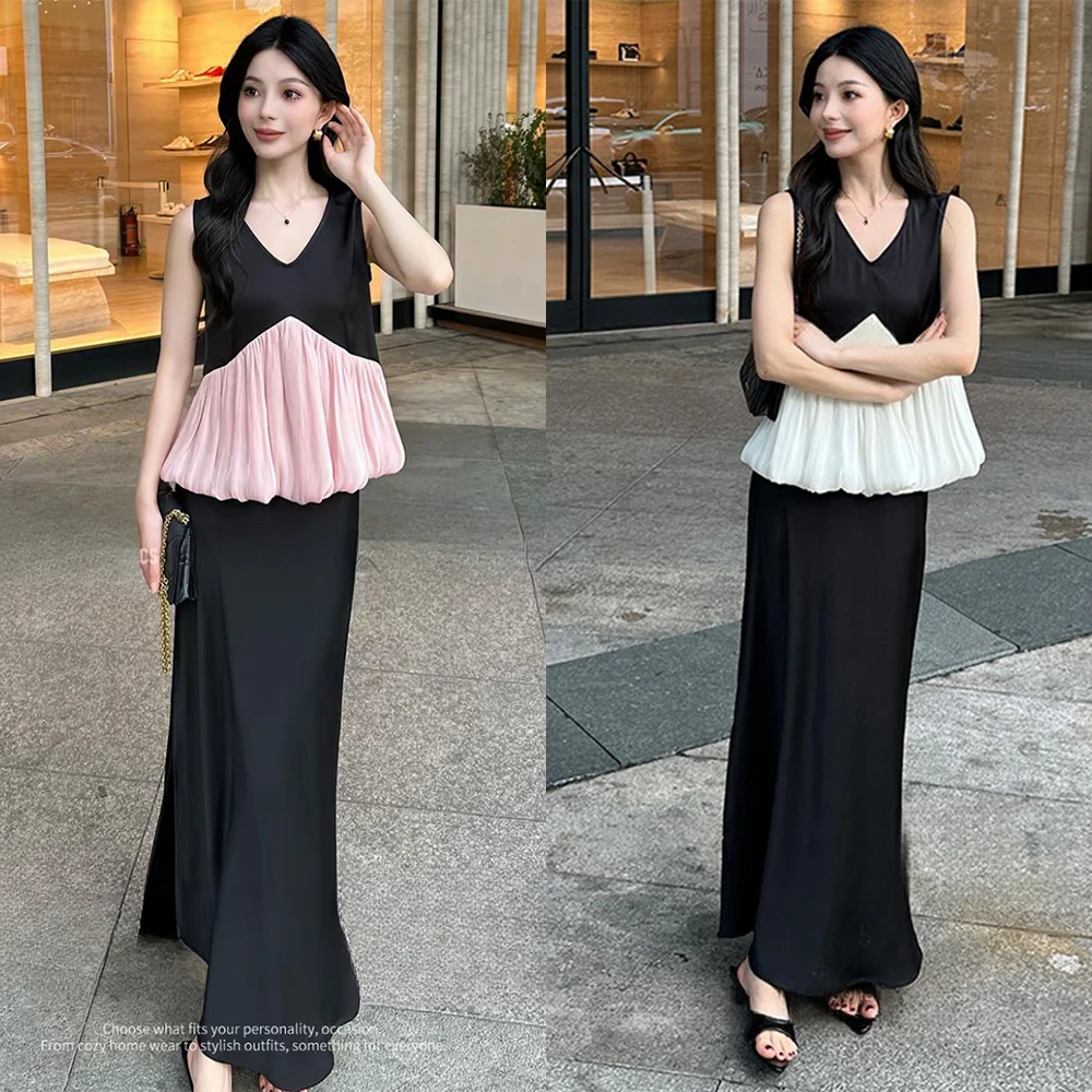 2025夏季新款法式气质设计感小众无袖黑白撞色上衣+半身裙两件套