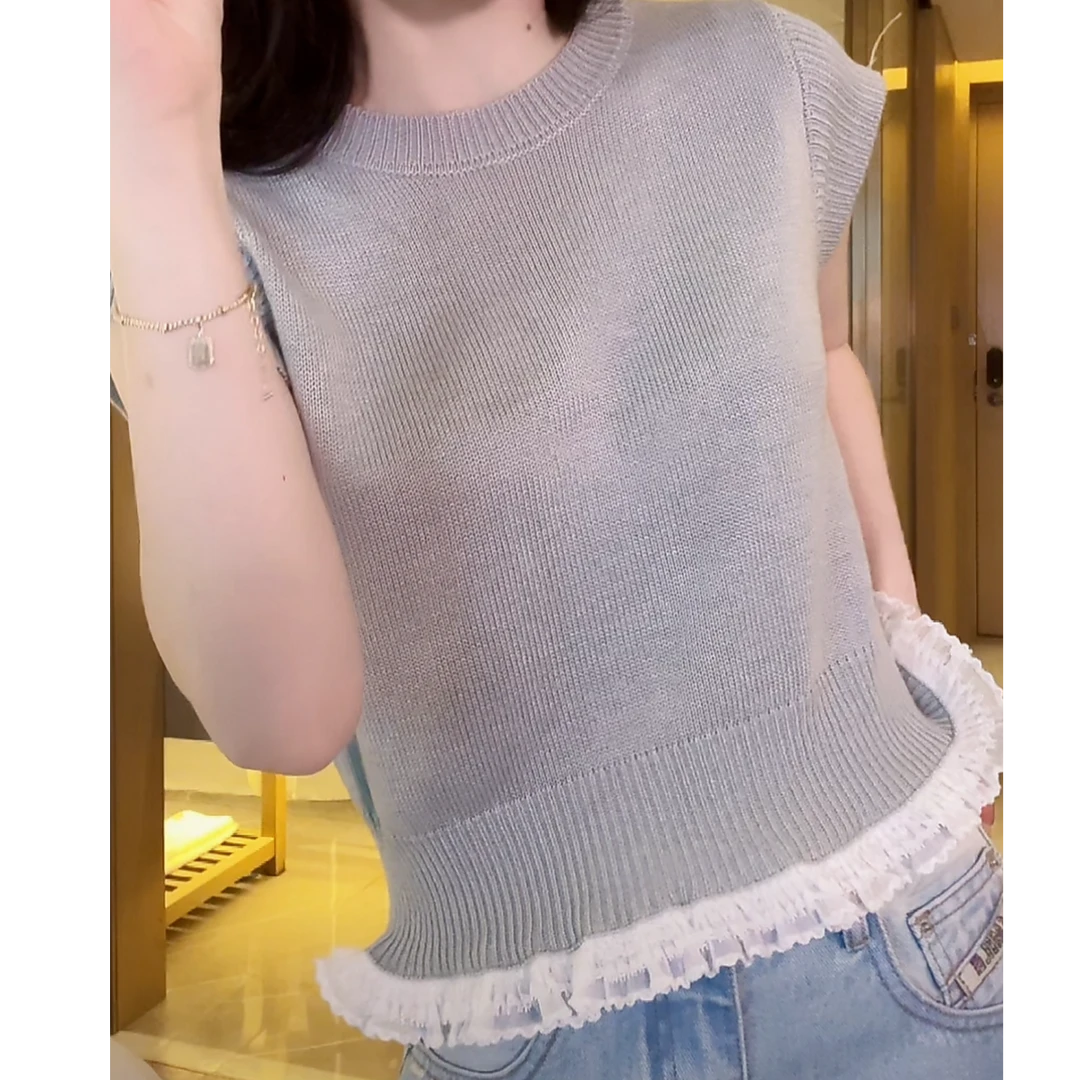 设计感下摆拼接蕾丝圆领毛针织衫女2025新款春夏气质灰色短袖上衣