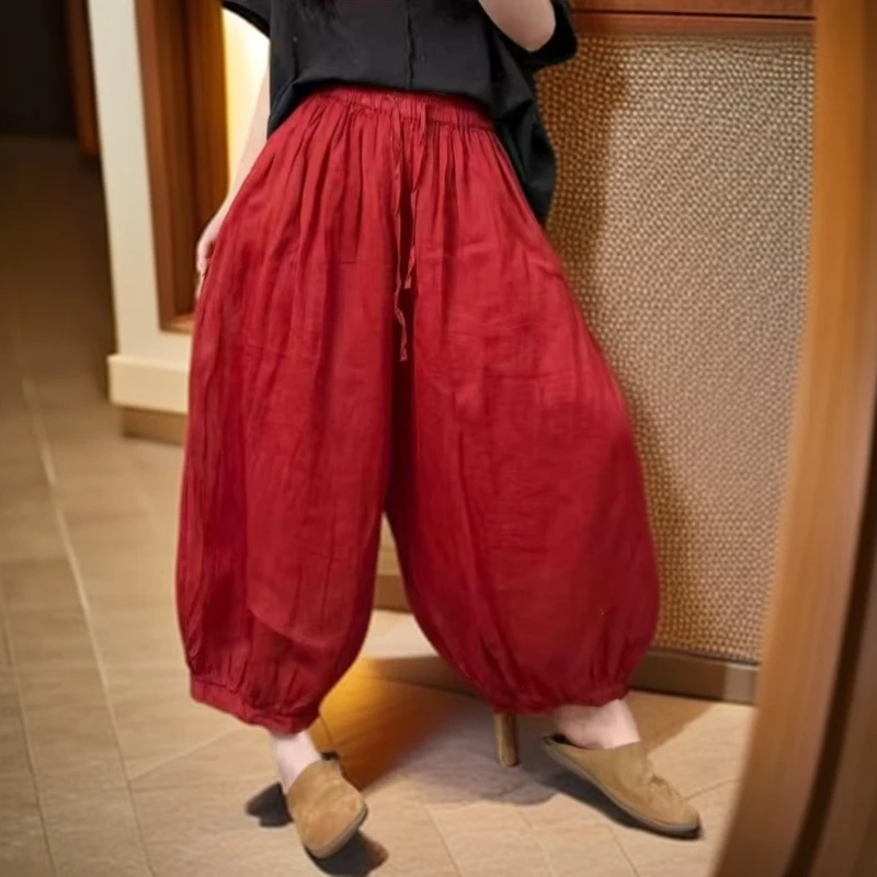 2025新款夏季宽松纯苎麻松紧腰收脚灯笼休闲裤（单件）