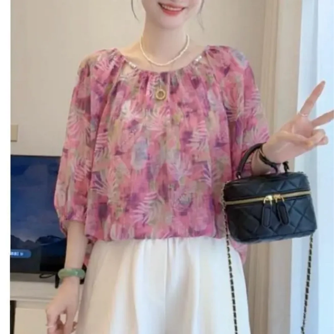 h夏季新款温柔减龄锁骨钉珠系带T恤小衫宽松显瘦时尚百搭气质上衣